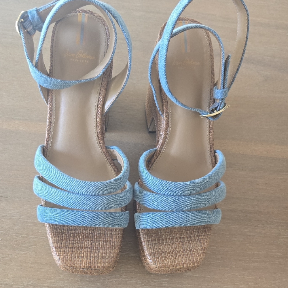 Sam Edelman Blue Denim and Tan Wedge Sandals Like New